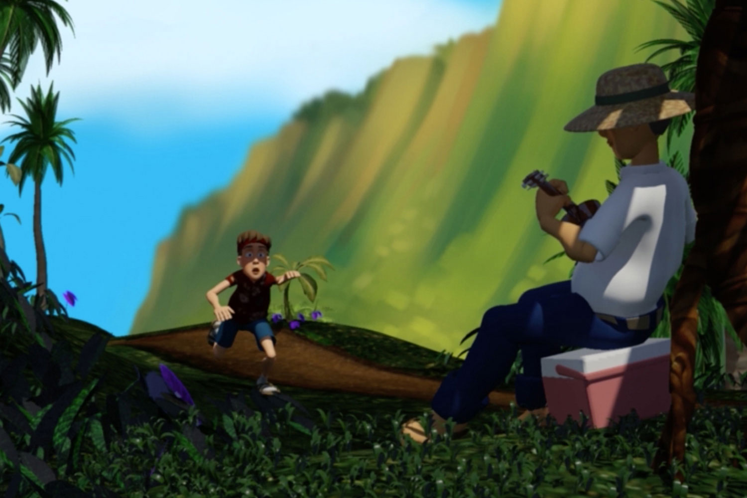 NMA Animation - background photo of a screenshot from the 3D animated student film Chasing Paradise of the main character running on a path as a local musician plays a ukulele