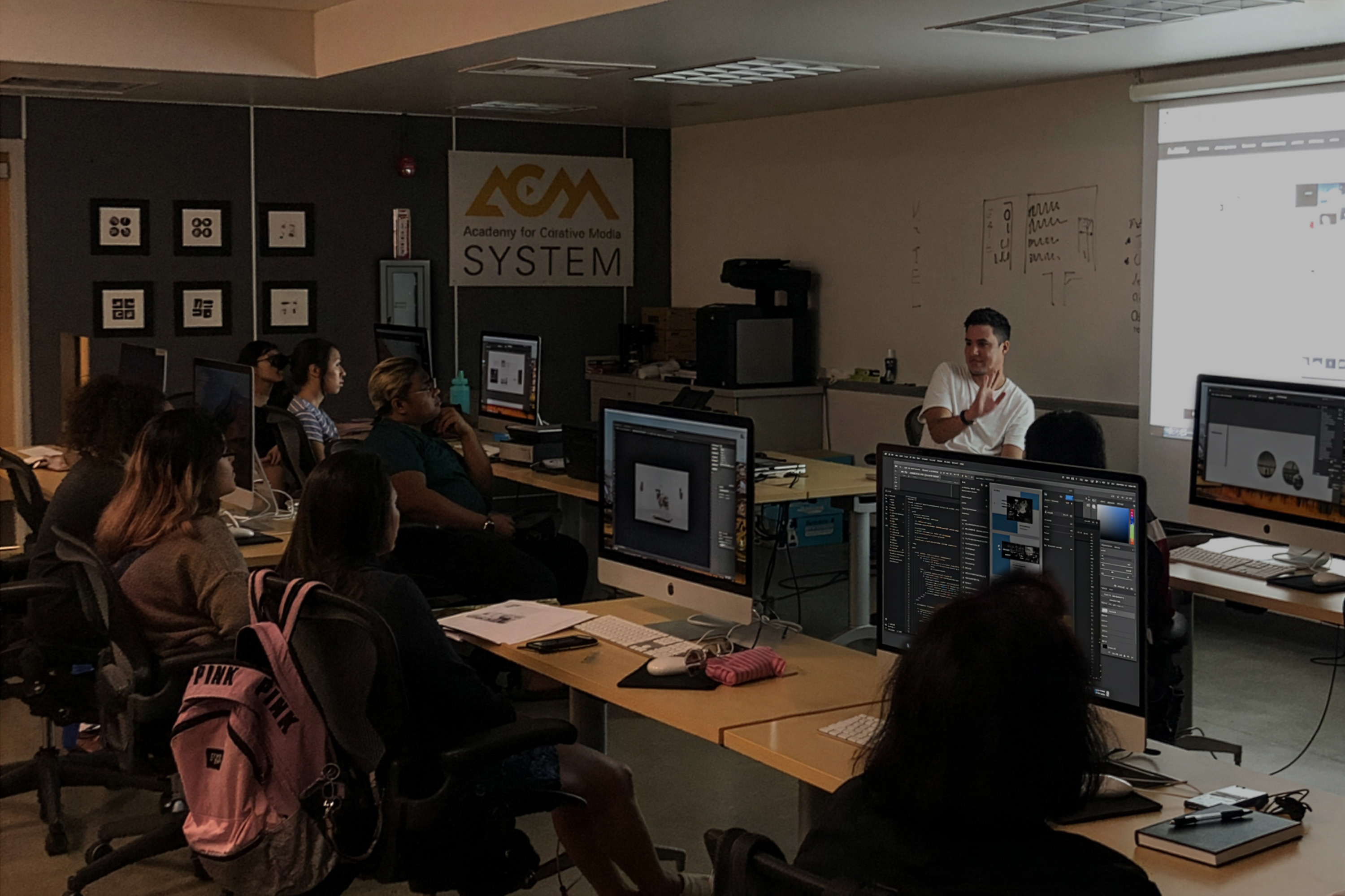 NMA Animation - background photo of a screenshot from the 3D animated student film Chasing Paradise of the main character running on a path as a local musician plays a ukulele