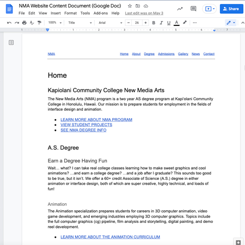 Google Doc - NMA Content Doc